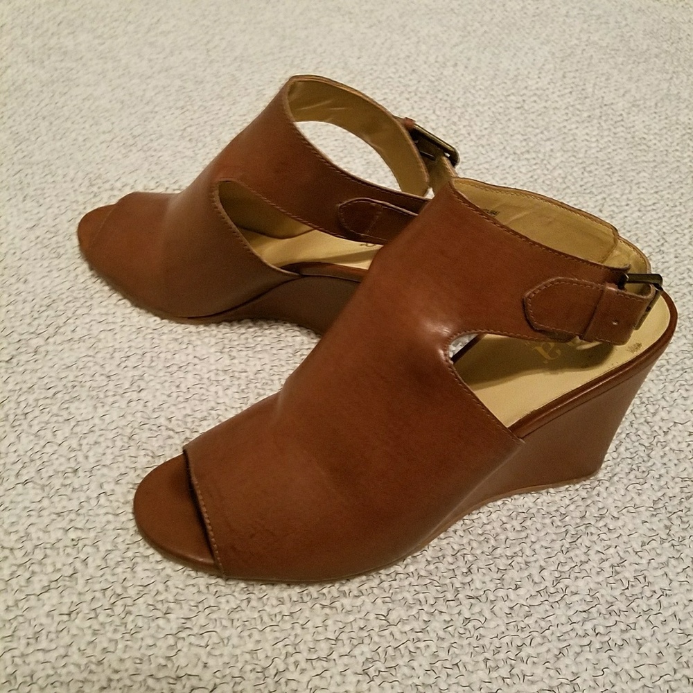 Tan leather wedge heels